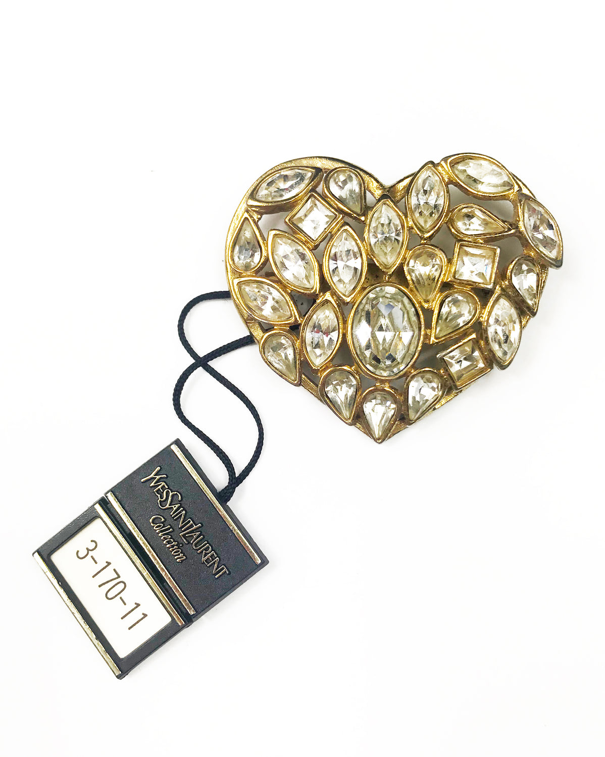 Fruit Vintage Yves Saint Laurent 1980s crystal heart brooch . Featuring in intricate crystal cluster design set in gold plated brass. YSL Pin Logo Rhinstone Diamante Clip.