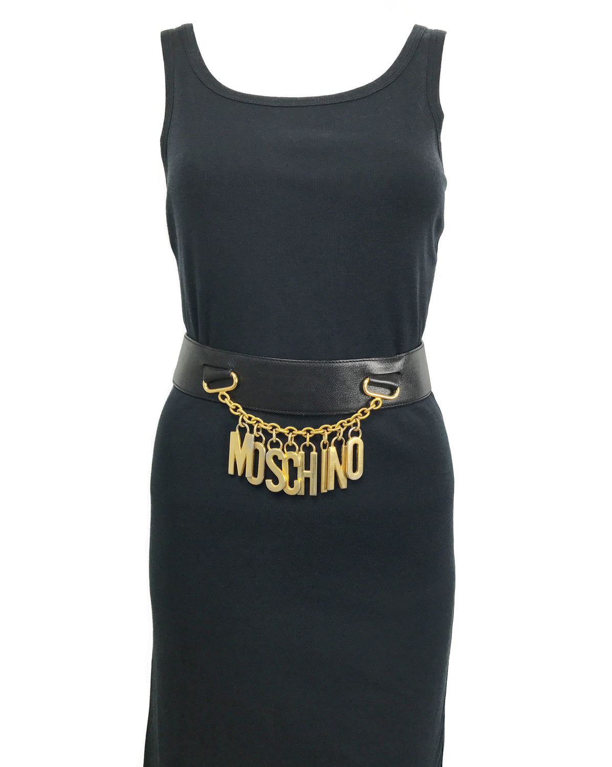 1987 SHOP Vintage Moschino Redwall Gold Logo Chain Drop Black Belt