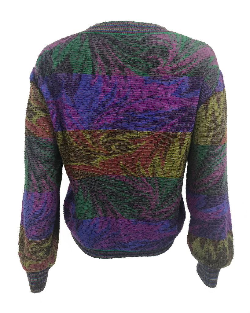 FRUIT Vintage Missoni 1980s knit sweater. Features a custom Missoni colourful print knit and banded cuff and hem.