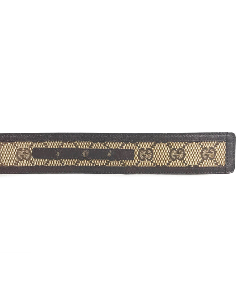 Fruit Vintage Gucci logo belt with gucci monogram canvas inset and brown contrast leather trim and lining and a large Gucci double G buckle at front.