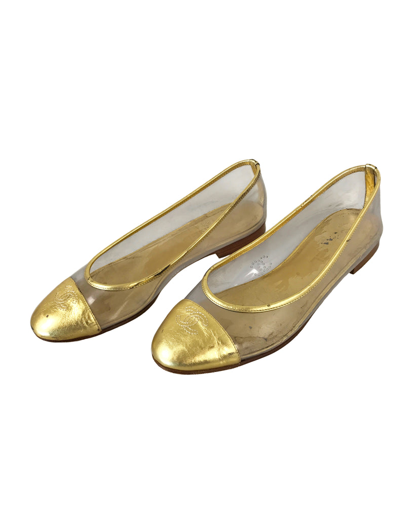 Chanel Interlocking CC Logo Leather Ballet Flats - Gold Flats, Shoes -  CHA947372