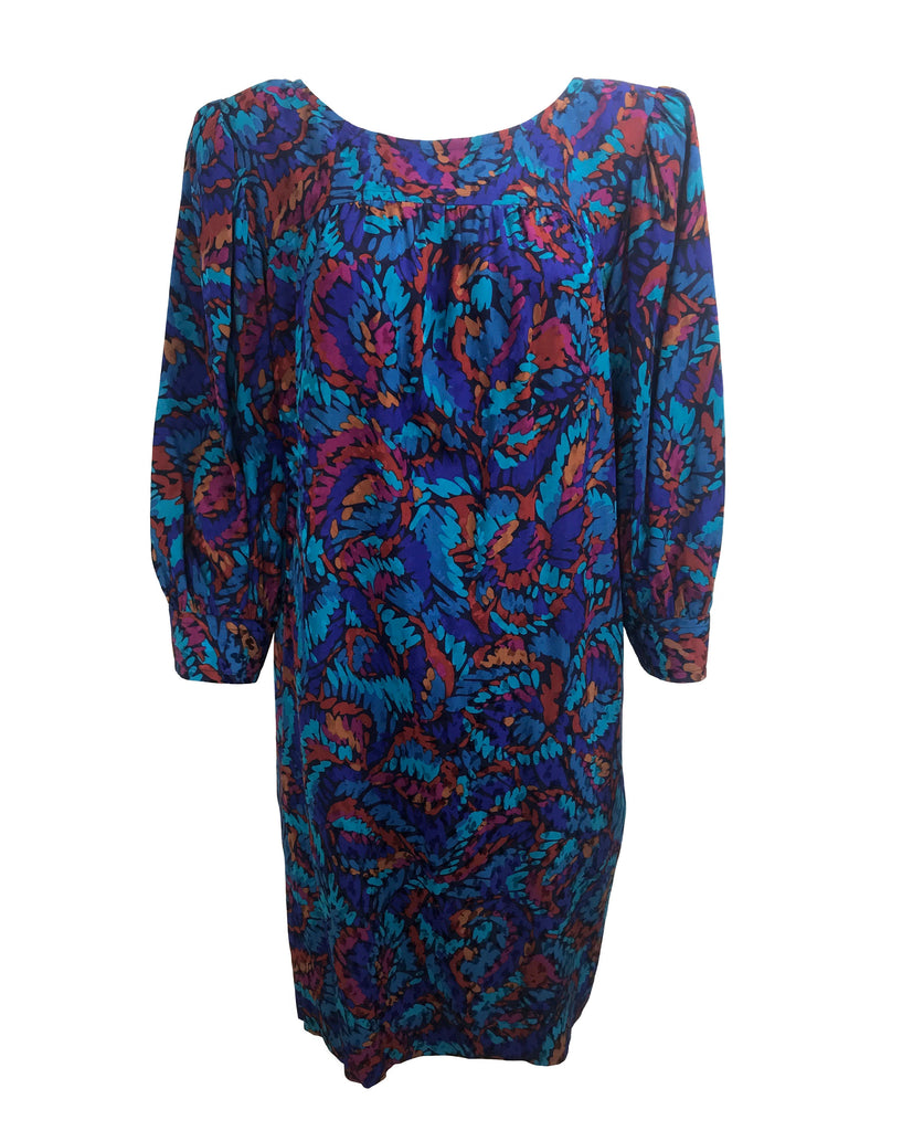 FRUIT Vintage Yves Saint Laurent Rive Gauche printed silk tunic dress. Features boxy 80s tunic cut, shoulder pads and pockets.