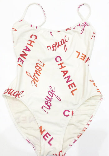 FRUIT Vintage rare Chanel Rouge 1996 Logo text off white one piece swimsuit bodysuit by Karl Lagerfeld. Features a large pink text print and a classic flattering cut with low back.