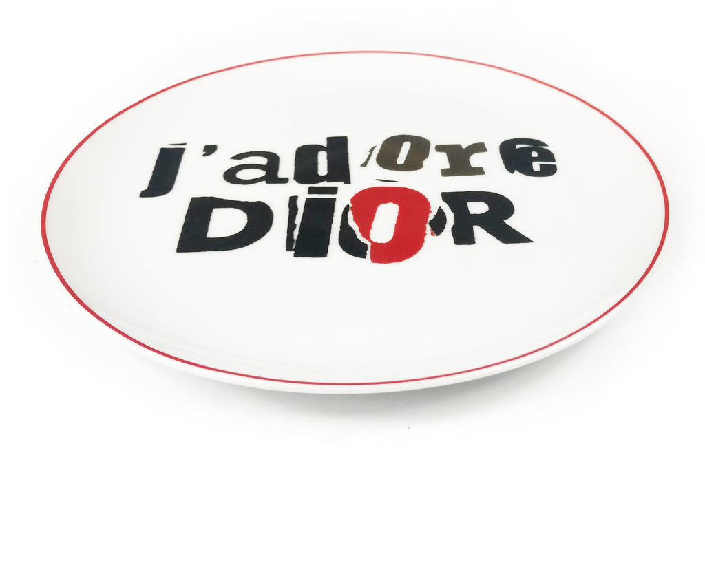 FRUIT Vintage Christian Dior J'adore Dior porcelain plate set. They feature an iconic newspaper cut-out version of the Jadore Dior logo monogram print in black, white and gold.