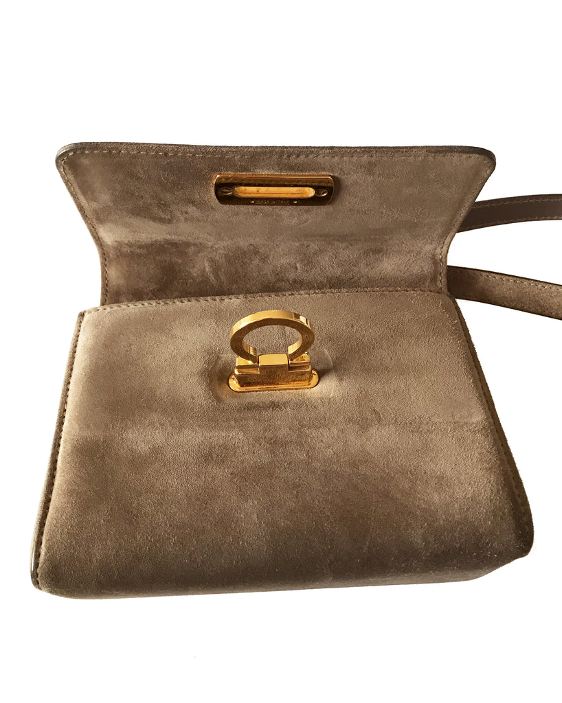 FRUIT Vintage 1980s Taupe Salvatore Ferragamo Cross Body Bag, with Ferragamo logo buckle closure.