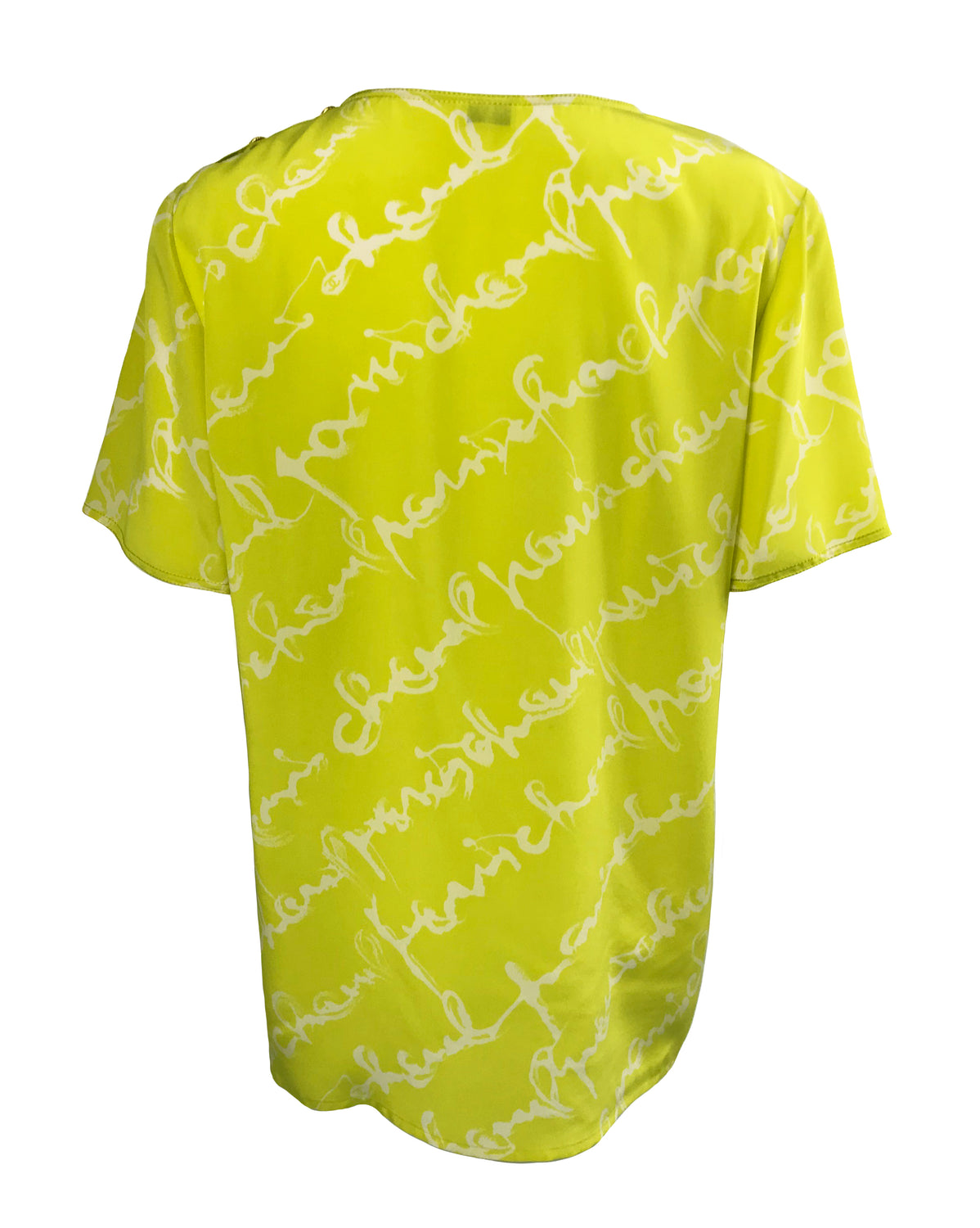 Chanel 1980s Logo Print Chartreuse Silk Blouse
