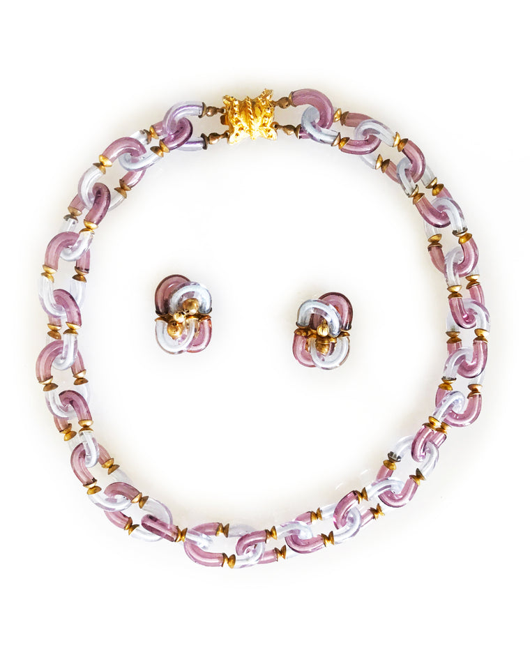 Chanel Couture by Archemede Seguso 1960s Glass Chain Necklace and Earring Set
