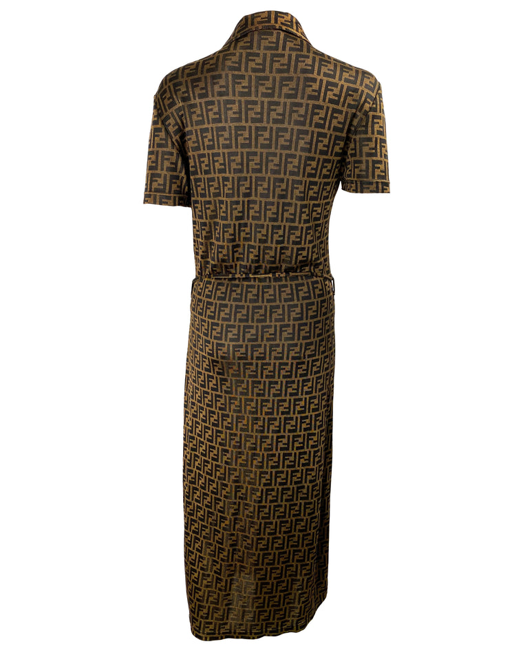 Fruit Vintage Fendi Zucca dress dating to the 90s it features a polo shirt dress cut, waist tie belt and a bold Fendi Zucca monogram logo print in black on brown.
