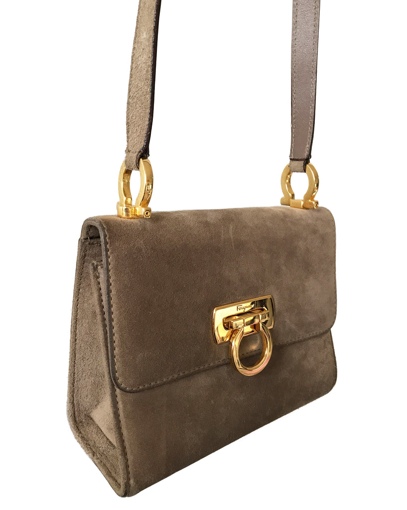 FRUIT Vintage 1980s Taupe Salvatore Ferragamo Cross Body Bag, with Ferragamo logo buckle closure.