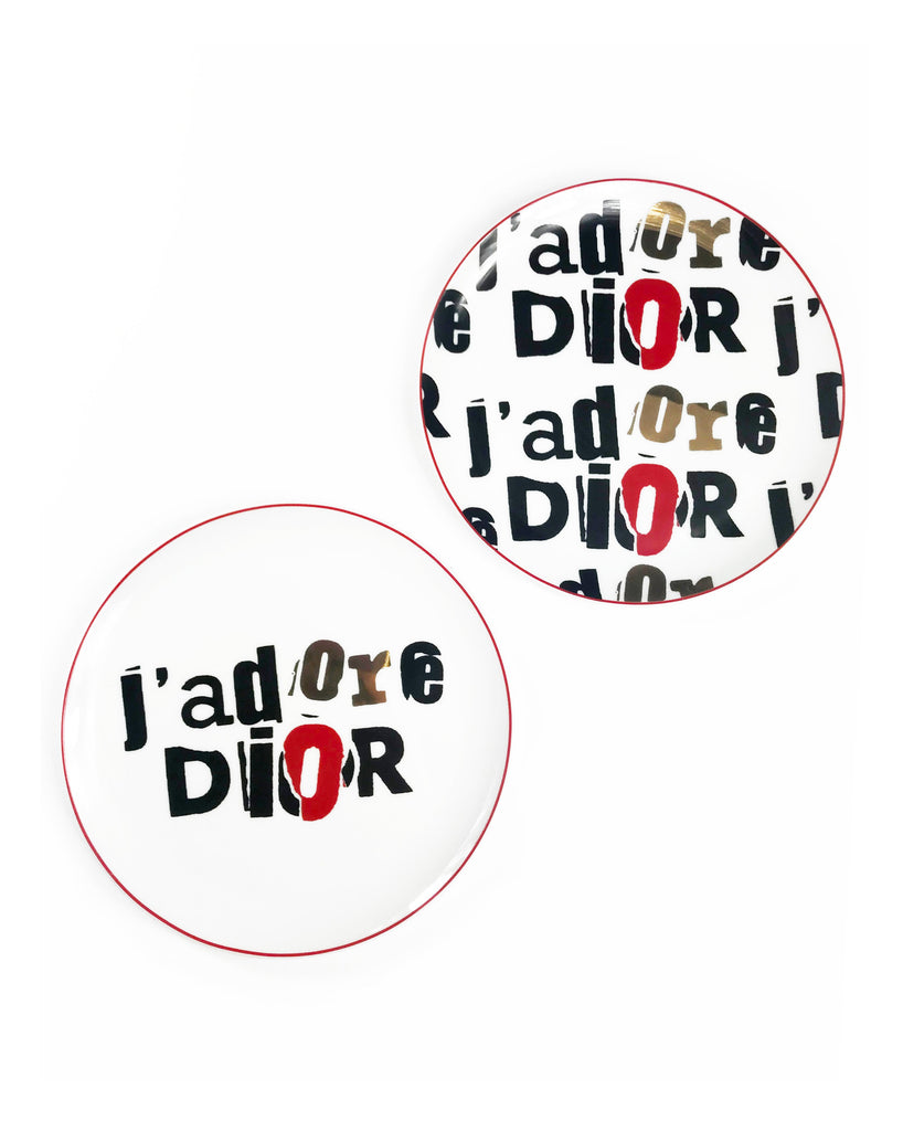 FRUIT Vintage Christian Dior J'adore Dior porcelain plate set. They feature an iconic newspaper cut-out version of the Jadore Dior logo monogram print in black, white and gold.