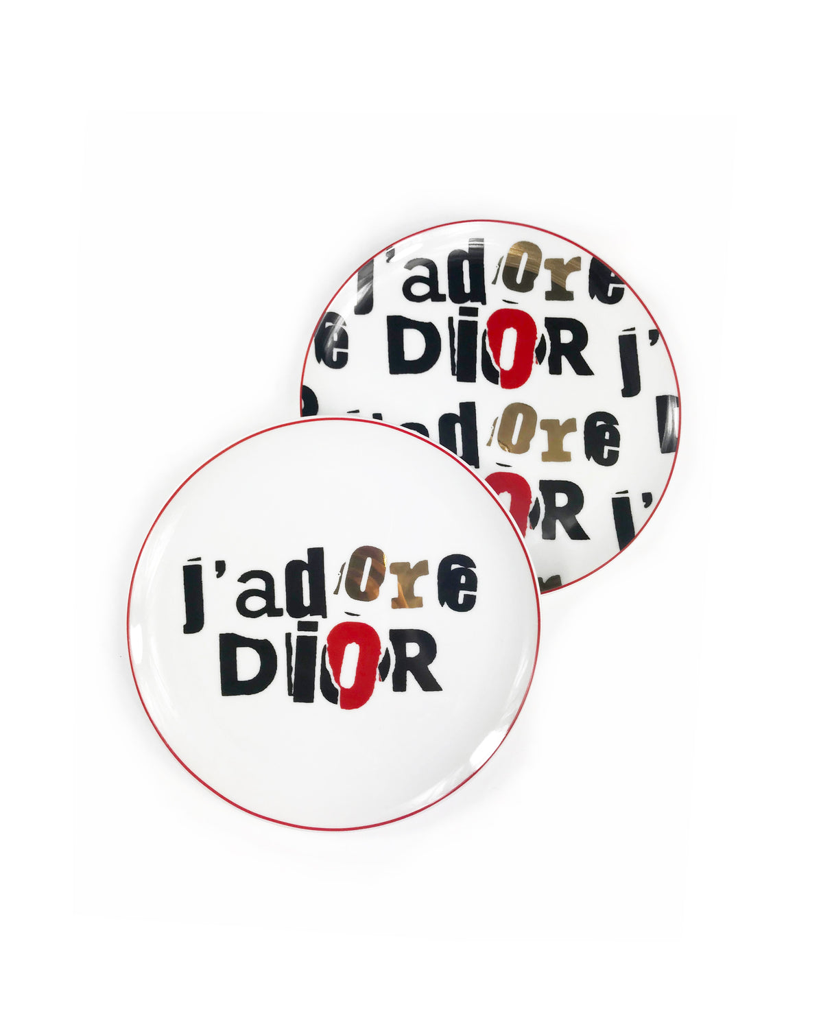 FRUIT Vintage Christian Dior J'adore Dior porcelain plate set. They feature an iconic newspaper cut-out version of the Jadore Dior logo monogram print in black, white and gold.