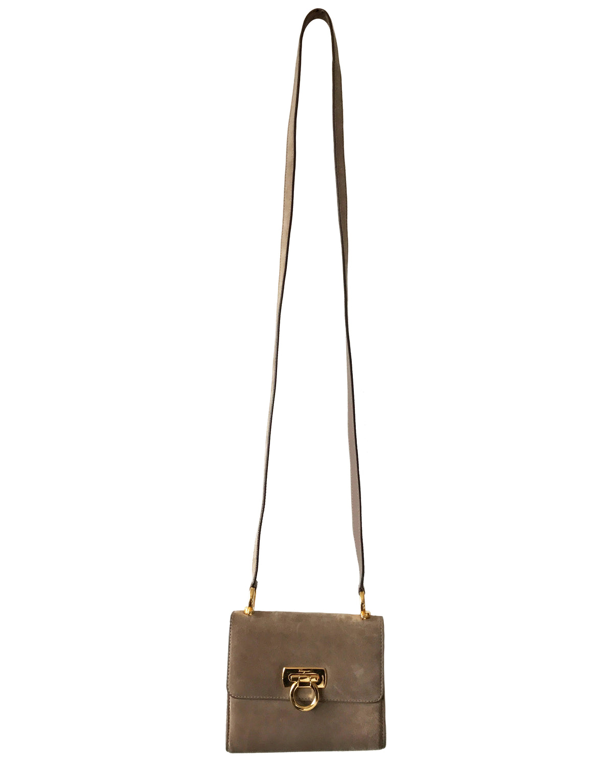 FRUIT Vintage 1980s Taupe Salvatore Ferragamo Cross Body Bag, with Ferragamo logo buckle closure.