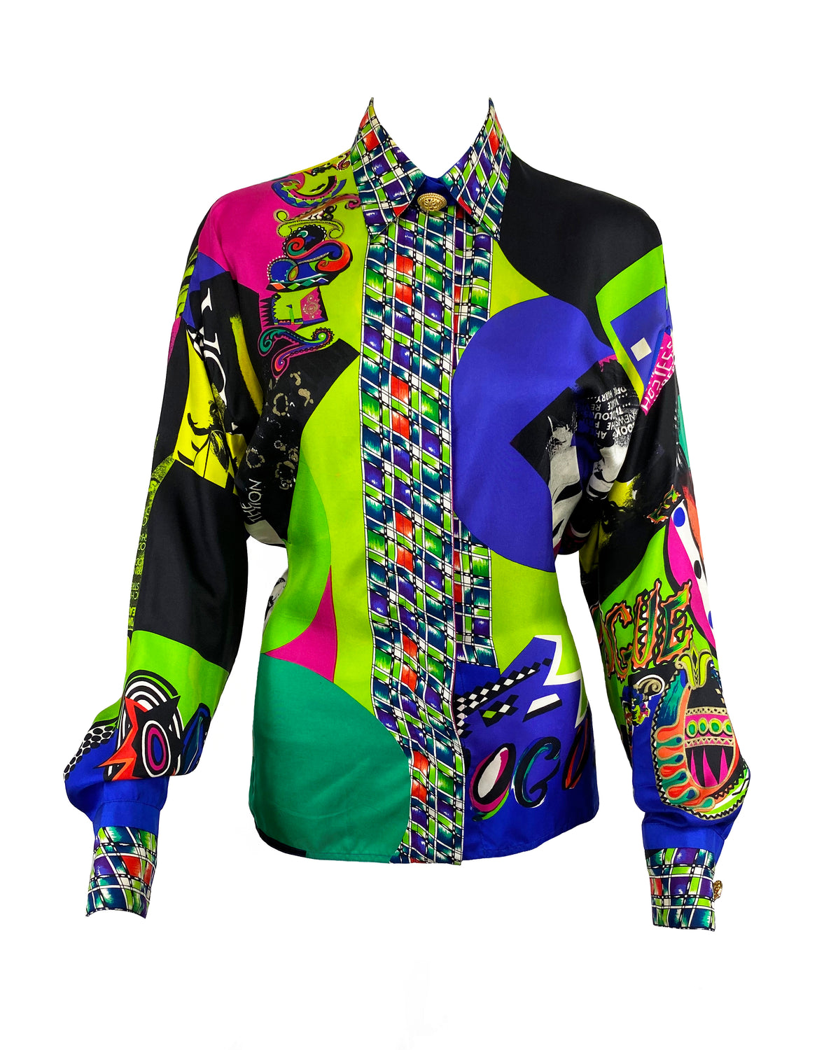 FRUIT Vintage Gianni Versace Vogue print silk shirt from the Spring 1991 collection. This is a very special, museum worthy piece! It features the iconic Vogue print in large scale all over and gold feature buttons on collar and cuff.