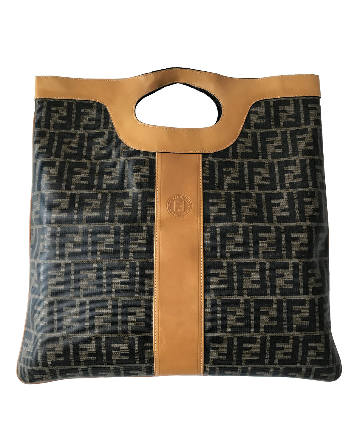 Fruit Vintage Fendi fold over convertible clutch tote bag in the iconic Fendi Zucca monogram canvas with Fendi Logo stamp.