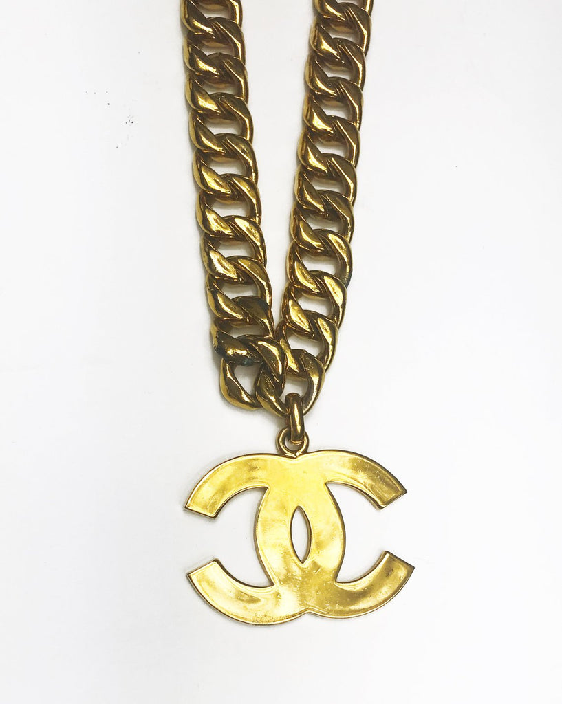 Fruit Vintage Chanel Logo Pendant, rare and important necklace. This style was famously worn by Linda Evangelista in the 1992 'Chanel Hip Hop' collection campaigns. 