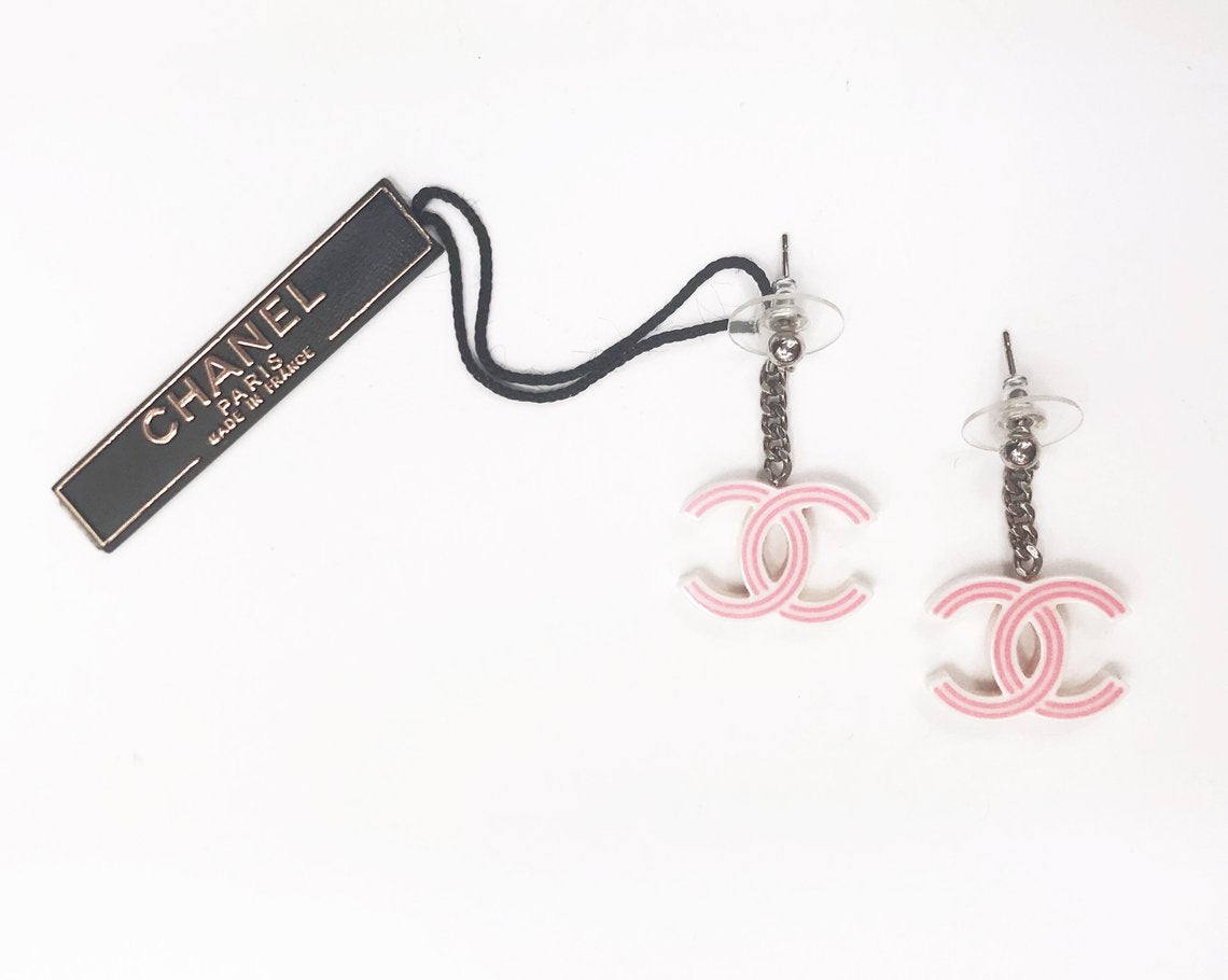 Fruit Vintage Chanel pink and white drop earrings. Features a chain drop and candy style CC logo, comes with original Chanel tag and box.