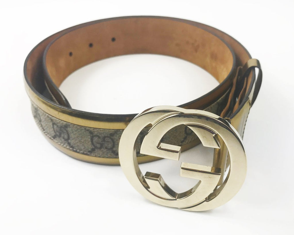 Vintage Gucci Canvas Leather Monogram Belt with Single G Gold Buckle