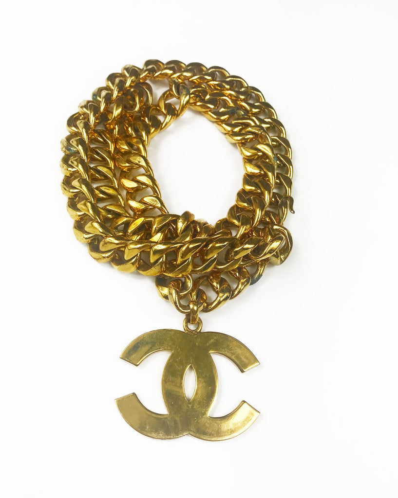 Fruit Vintage Chanel Logo Pendant, rare and important necklace. This style was famously worn by Linda Evangelista in the 1992 'Chanel Hip Hop' collection campaigns. 