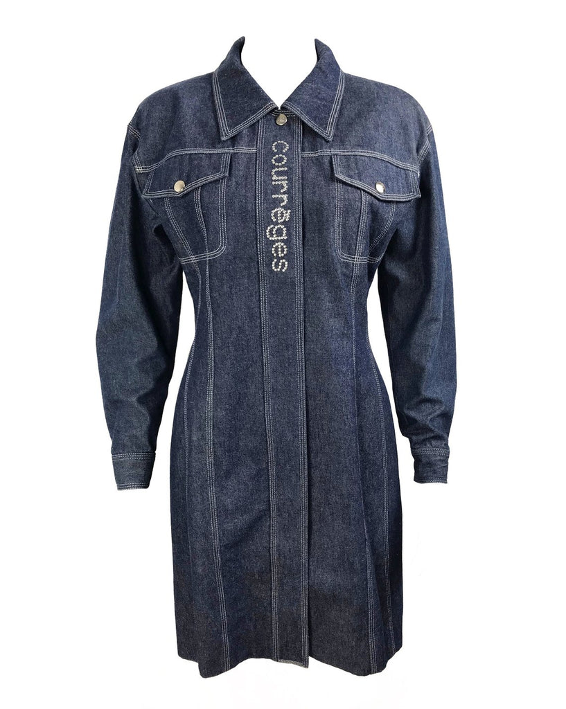 Fruit Vintage Courreges denim logo dress. Features a large silver logo at front, top stitching and logo buttons. Can also be fully unbuttoned and worn as coat/duster jacket.