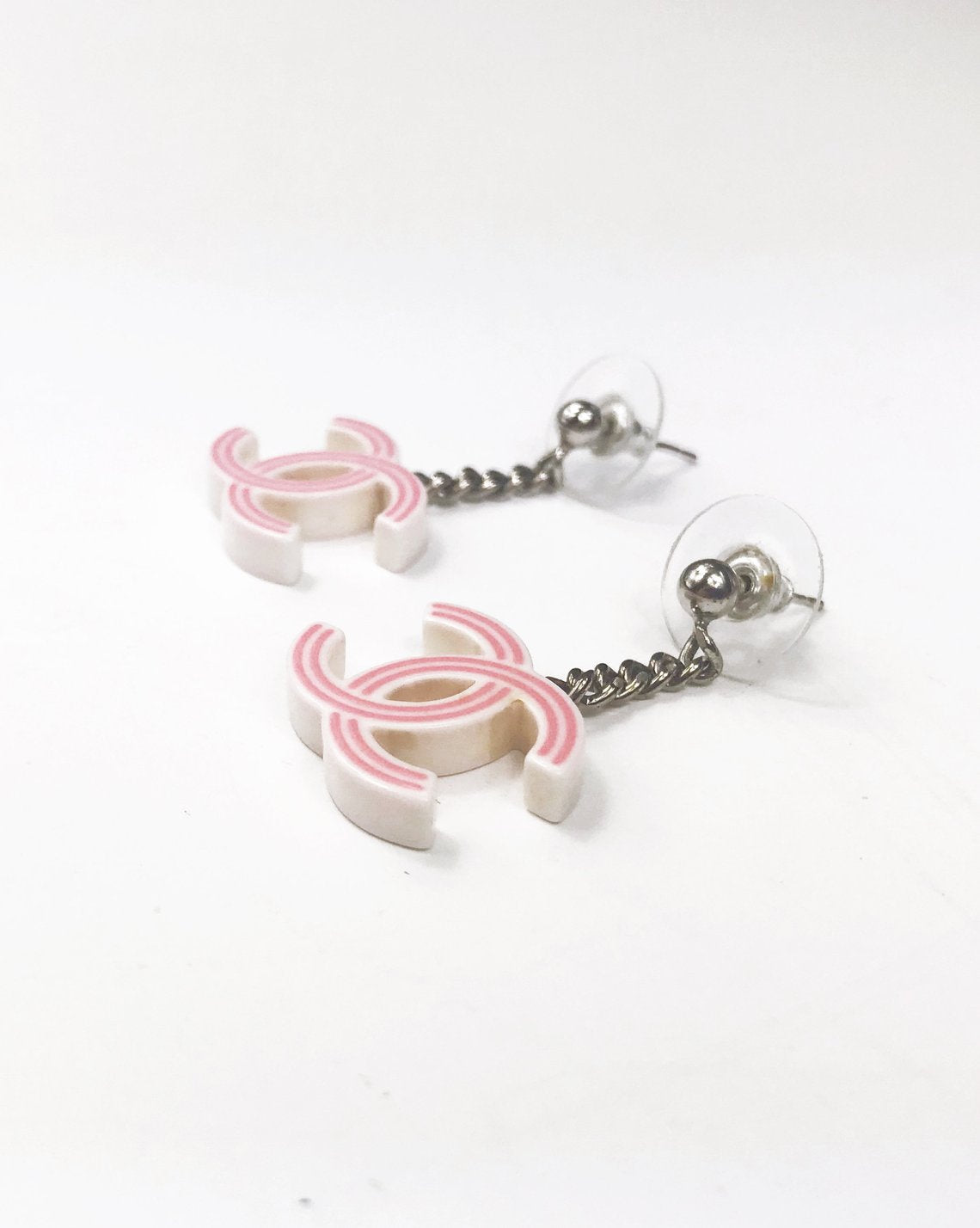Fruit Vintage Chanel pink and white drop earrings. Features a chain drop and candy style CC logo, comes with original Chanel tag and box.