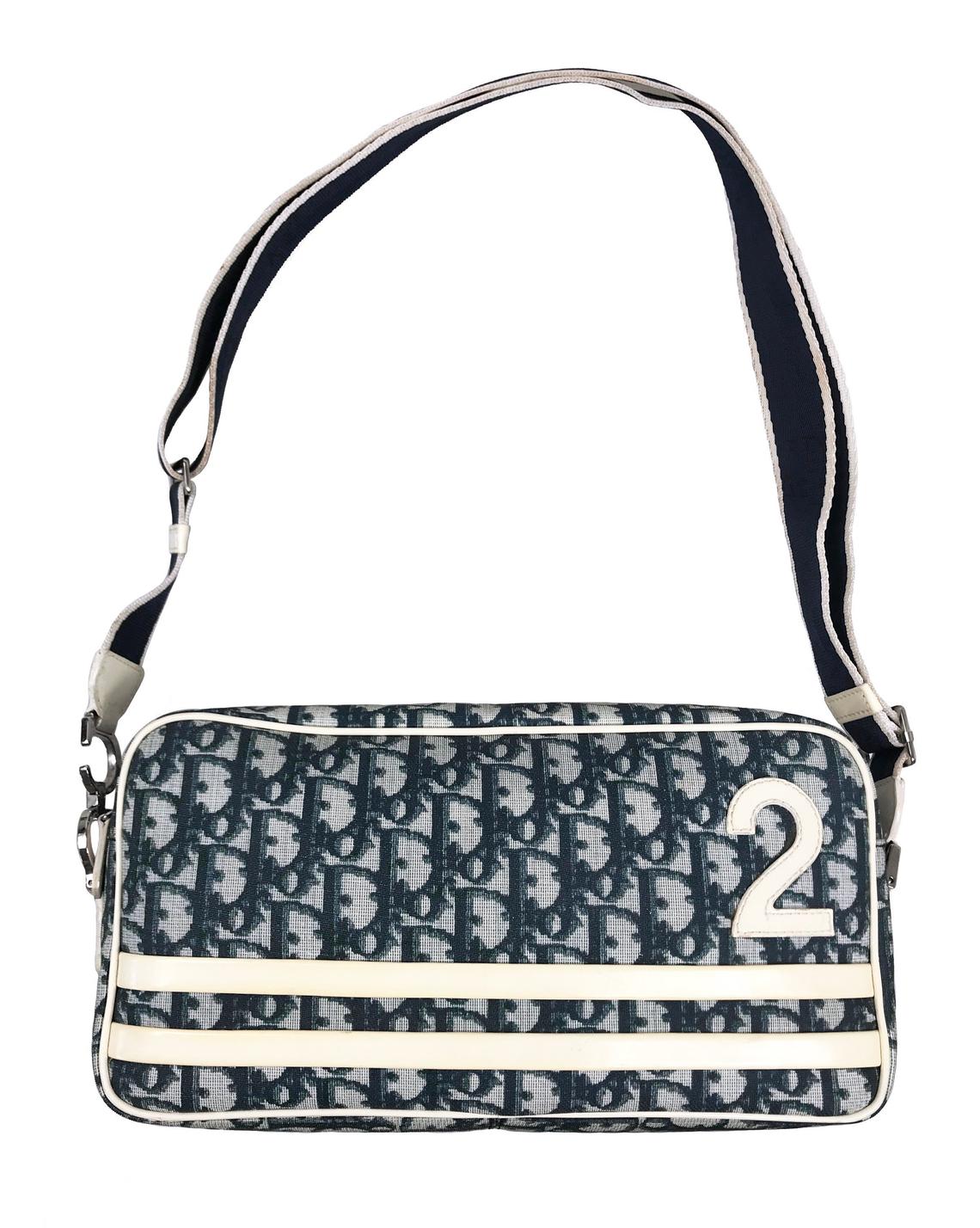 FRUIT vintage iconic Christian Dior by John Galliano navy coated monogram oblique canvas trotter bag with the famous number and racing stripe detailing at front.