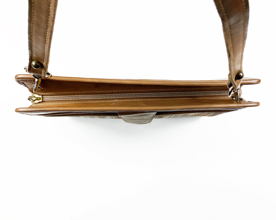 FRUIT Vintage original 1970s Pierre Cardin logo canvas handbag with tan leather trim.