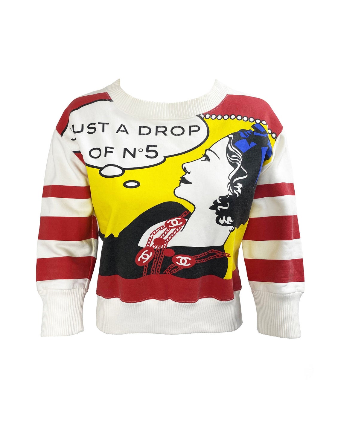 FRUIT Vintage rare and important Chanel "Just a Drop of No. 5" sweatshirt from the Fall 2001 collection. It features a pop art Roy Lichtenstein inspired graphic art print of Coco Chanel and a cropped design and sleeves.