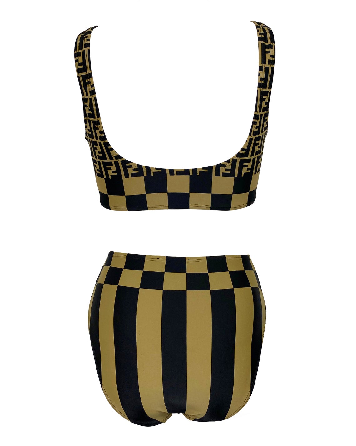 FRUIT Vintage original Fendi Zucca print bikini. This set is a collectors dream and featured in the 1990s Fendi Swimwear campaign. It has a sports style bra top/crop with the iconic Fendi logo monogram and Fendi checkerboard print design and checker board print high waist cut bottoms.