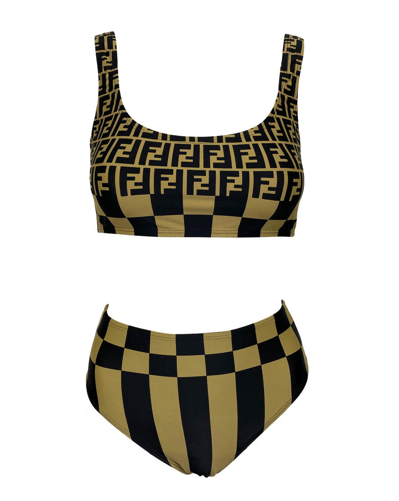 FRUIT Vintage original Fendi Zucca print bikini. This set is a collectors dream and featured in the 1990s Fendi Swimwear campaign. It has a sports style bra top/crop with the iconic Fendi logo monogram and Fendi checkerboard print design and checker board print high waist cut bottoms.