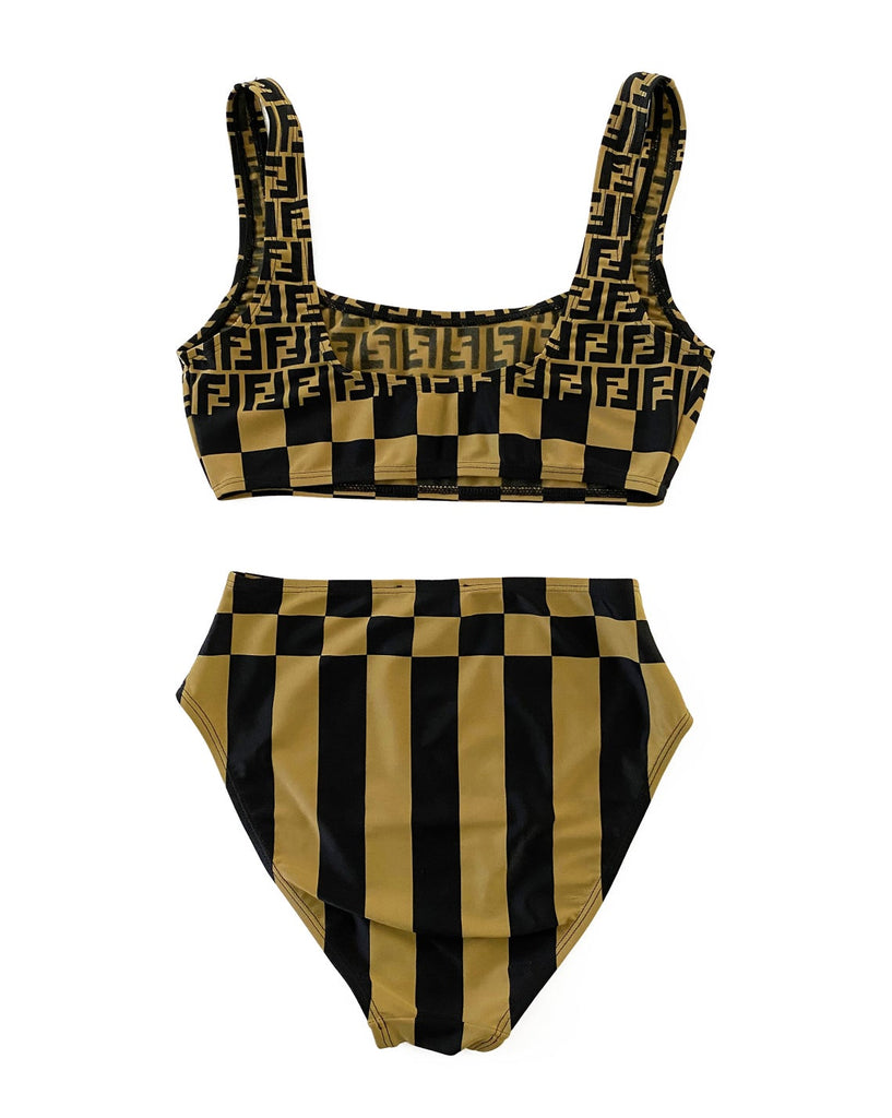 FRUIT Vintage original Fendi Zucca print bikini. This set is a collectors dream and featured in the 1990s Fendi Swimwear campaign. It has a sports style bra top/crop with the iconic Fendi logo monogram and Fendi checkerboard print design and checker board print high waist cut bottoms.
