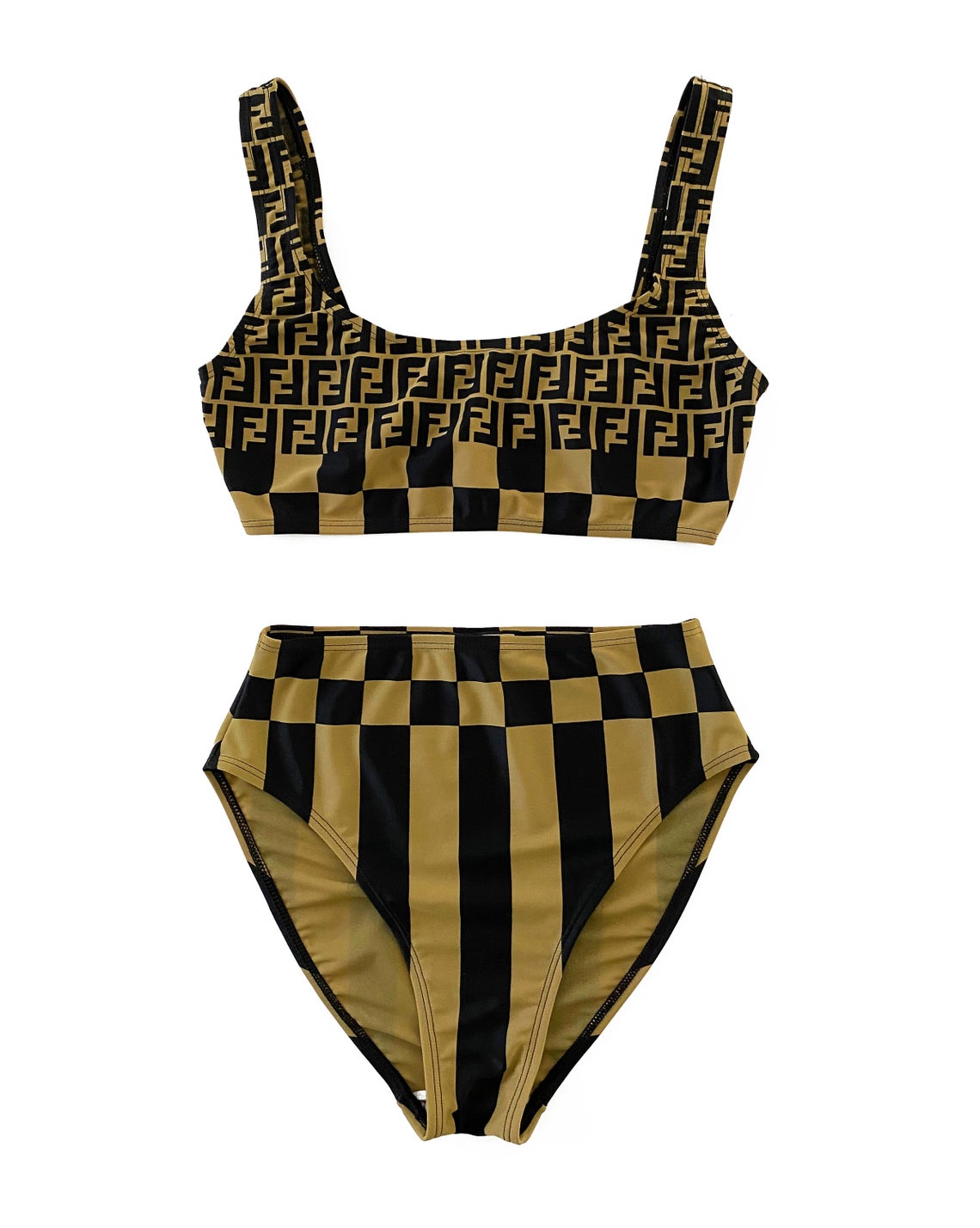 FRUIT Vintage original Fendi Zucca print bikini. This set is a collectors dream and featured in the 1990s Fendi Swimwear campaign. It has a sports style bra top/crop with the iconic Fendi logo monogram and Fendi checkerboard print design and checker board print high waist cut bottoms.