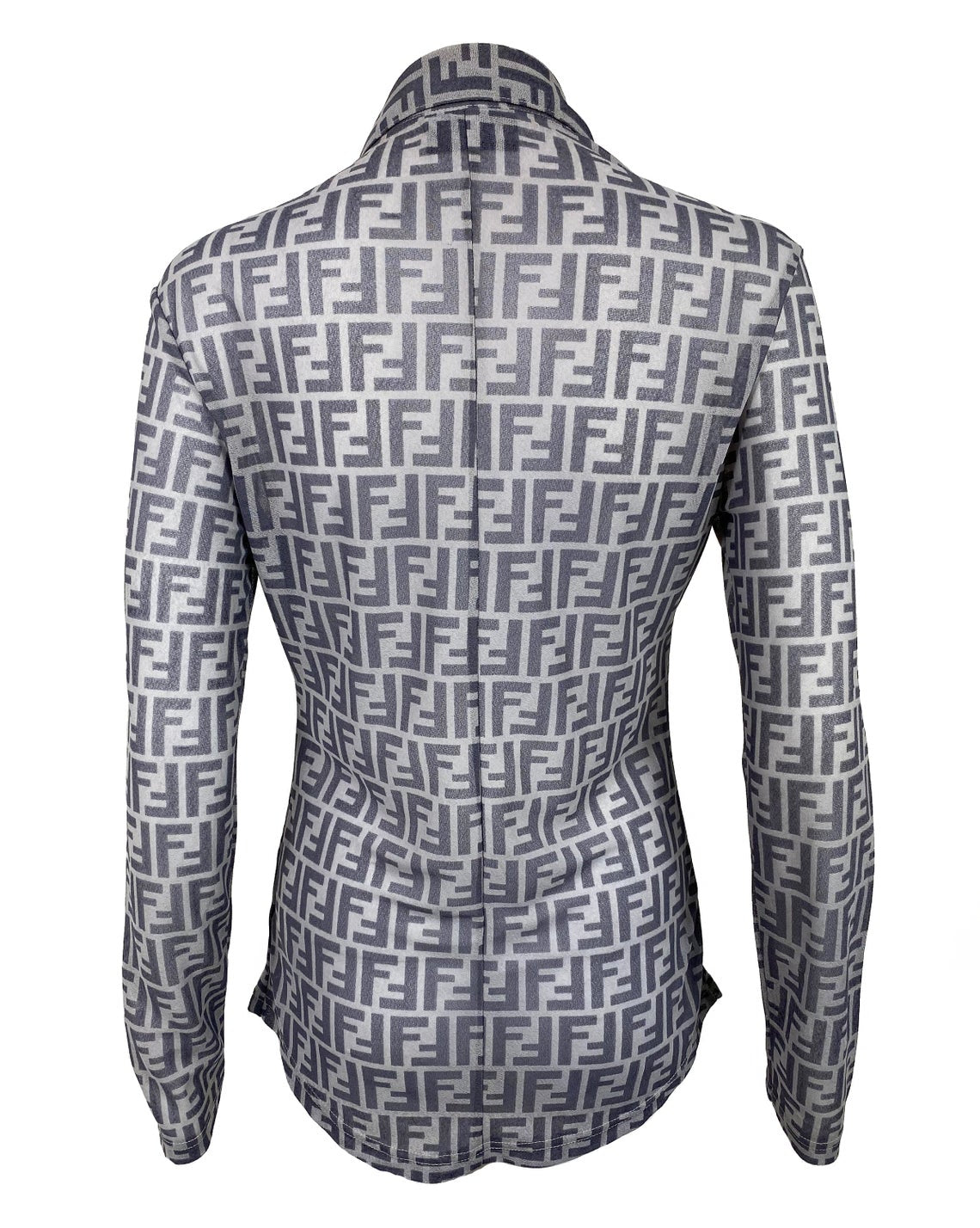 FRUIT Vintage Fendi Zucca print button up shirt dating to the early 90s. This amazing piece is made from a sheer mesh and features a bold Fendi Zucca print in two tone grey.