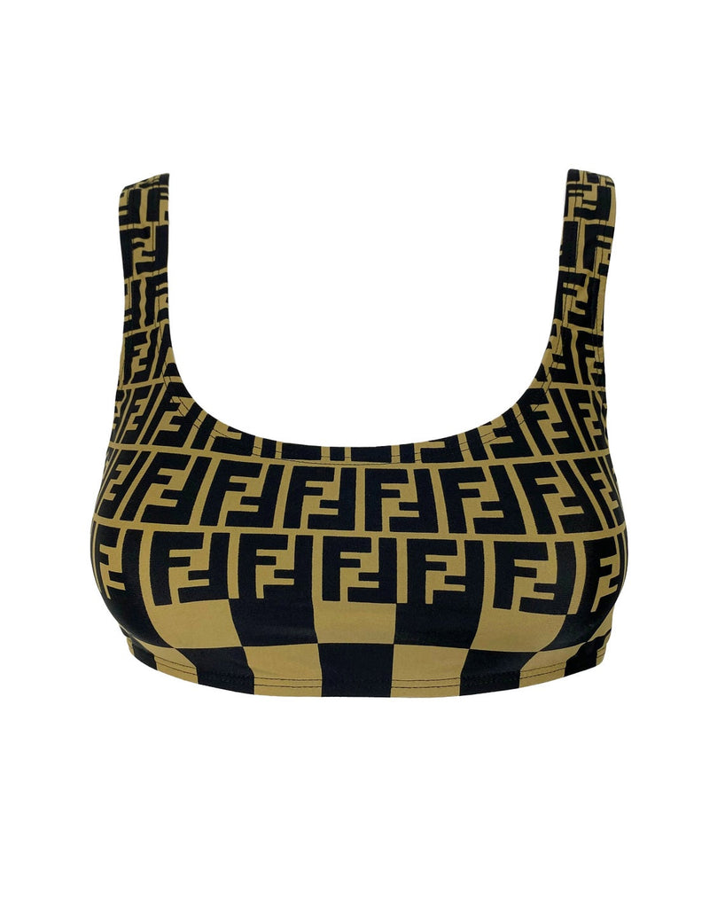 FRUIT Vintage original Fendi Zucca print bikini. This set is a collectors dream and featured in the 1990s Fendi Swimwear campaign. It has a sports style bra top/crop with the iconic Fendi logo monogram and Fendi checkerboard print design and checker board print high waist cut bottoms.