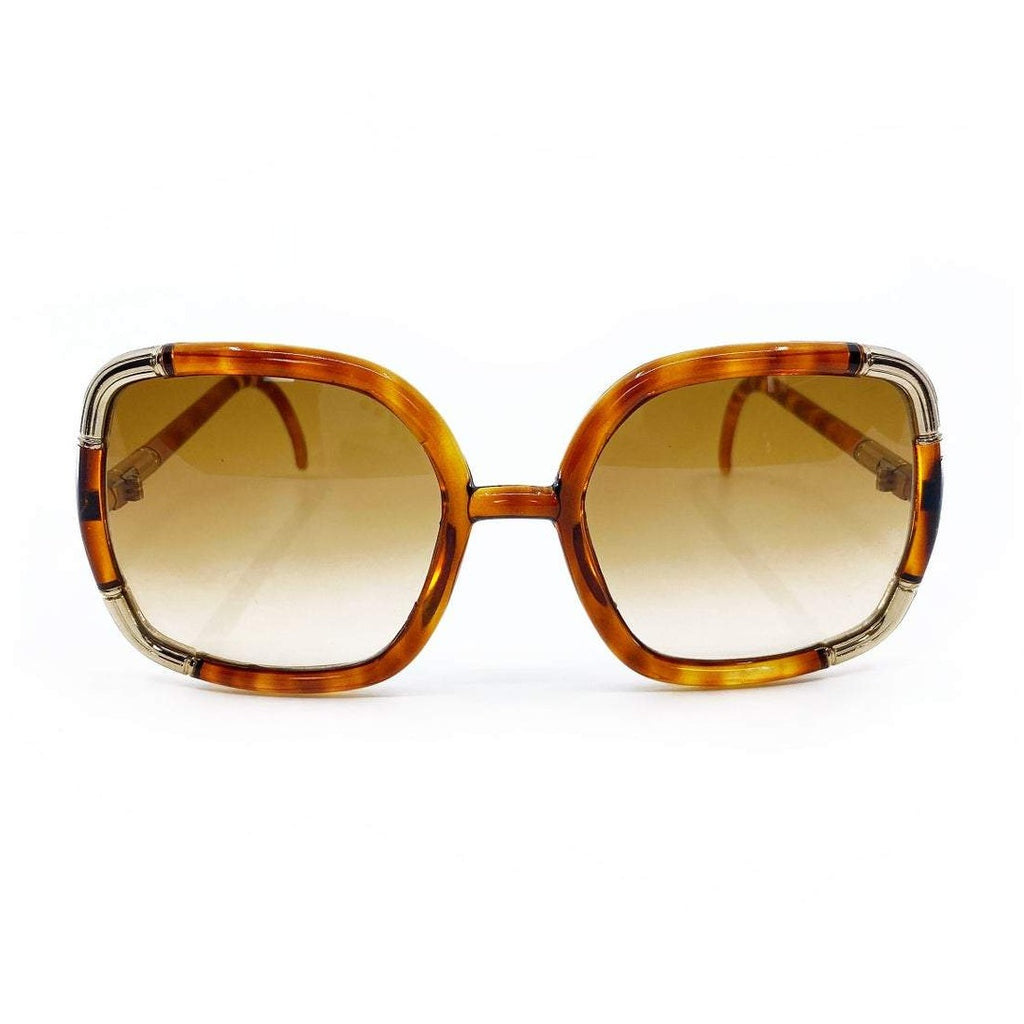 FRUIT Vintage Iconic 1970s Ted Lapidus square oversized sunglasses in a brown tortoise shell colour. Made in France, brown smokey lenses and gold trim