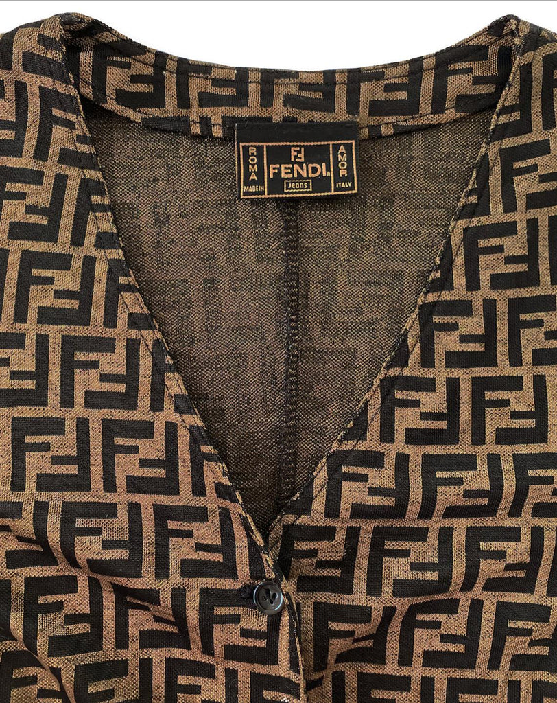 FRUIT Vintage 1990s Fendi Zucca Print Logo Button Up Cardigan. Features a classic button up front and cardigan shape and graphic Fendi FF logos all over.