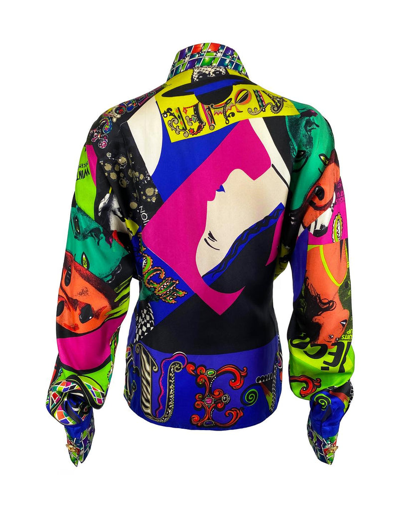 FRUIT Vintage Gianni Versace Vogue print silk shirt from the Spring 1991 collection. This is a very special, museum worthy piece! It features the iconic Vogue print in large scale all over and gold feature buttons on collar and cuff.