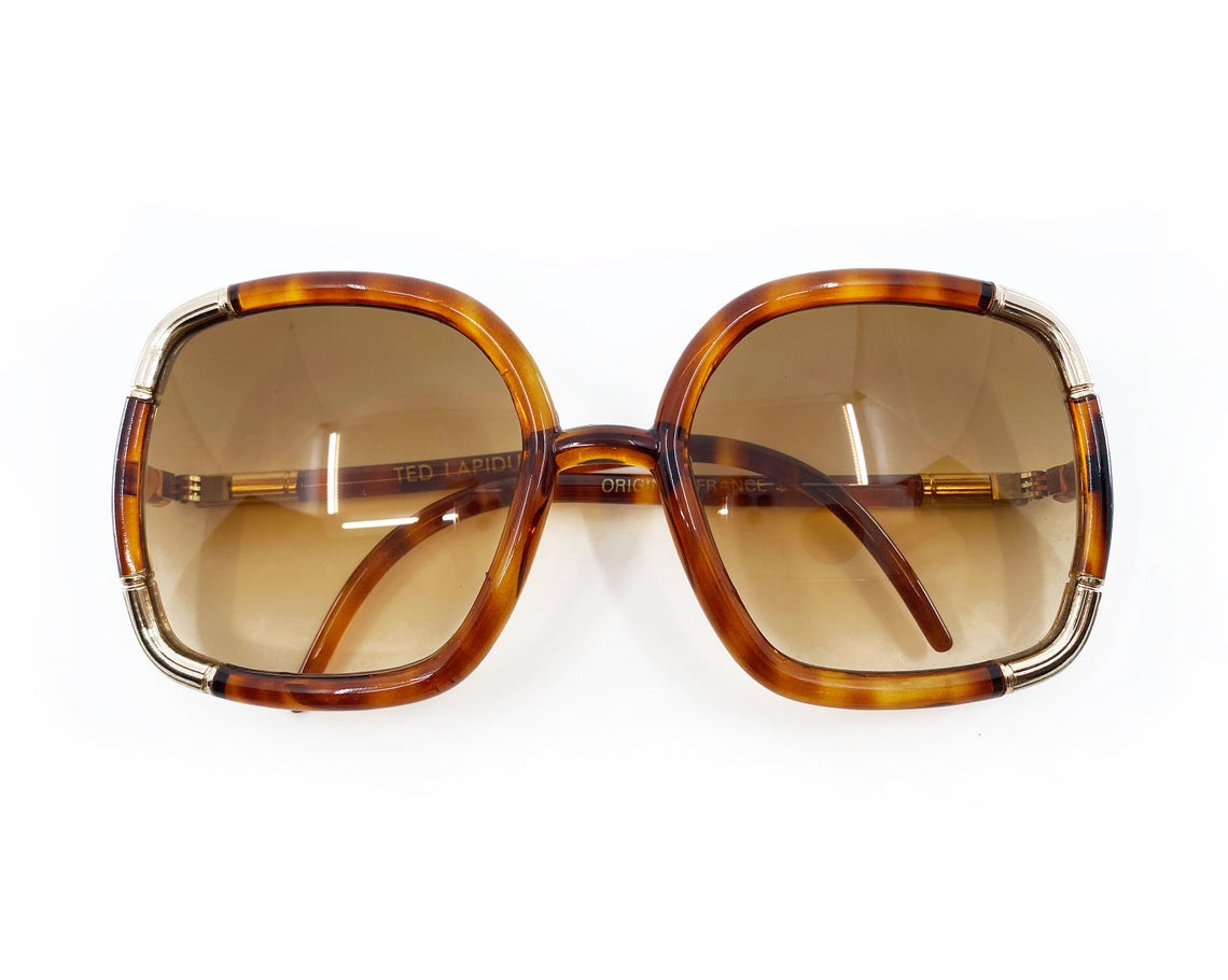 FRUIT Vintage Iconic 1970s Ted Lapidus square oversized sunglasses in a brown tortoise shell colour. Made in France, brown smokey lenses and gold trim