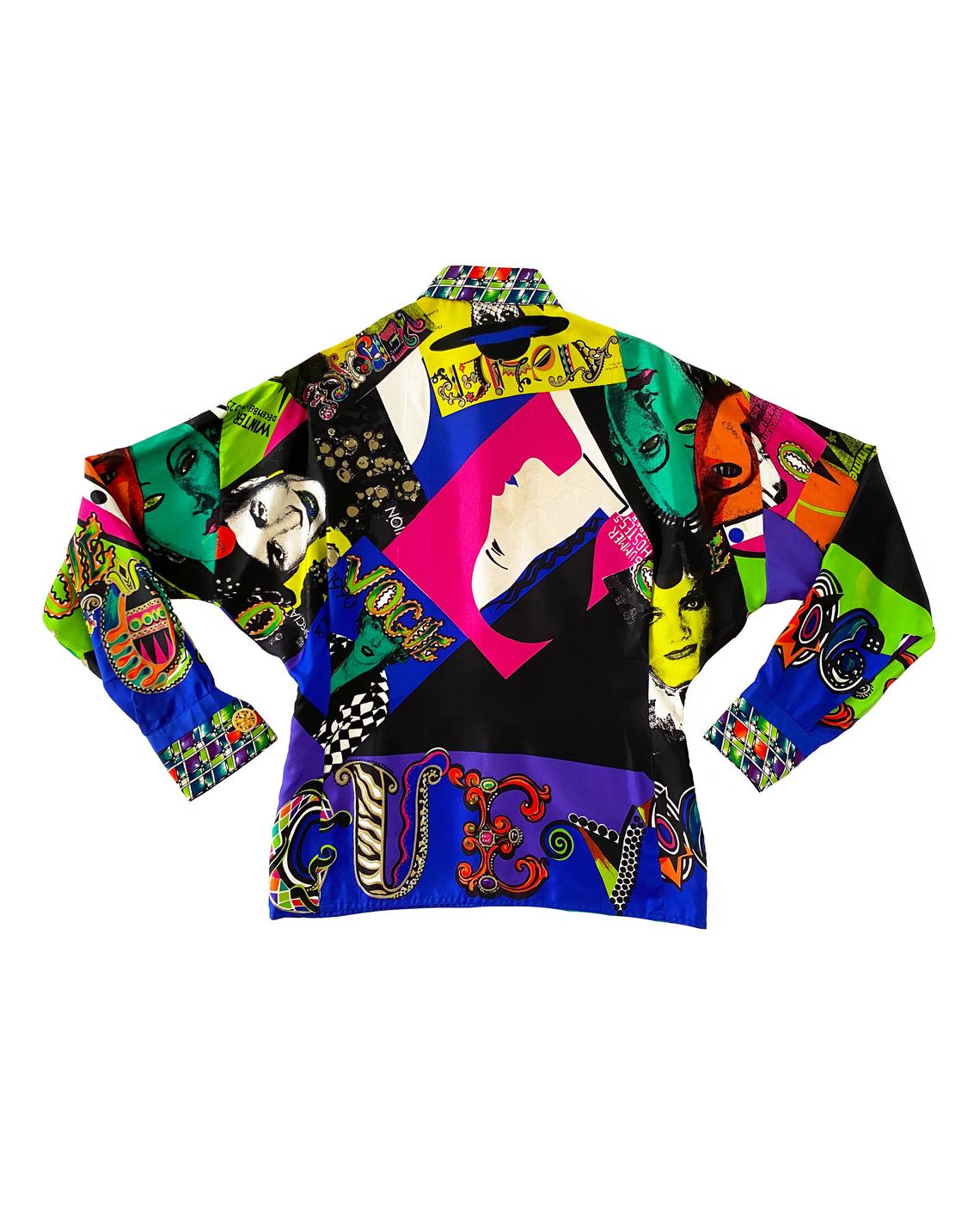 FRUIT Vintage Gianni Versace rare Vogue print silk shirt from the Spring 1991 collection. This is a very special, museum worthy piece! It features the iconic Vogue print in large scale all over and gold feature buttons on collar and cuff.