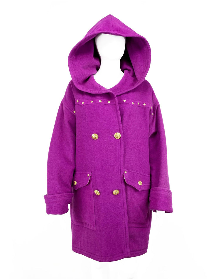 FRUIT Vintage Versace Jeans Couture purple wool coat from the 1990s with the classic Gianni Versace gold studded embellishment. It features a hood, gold sun shaped studs and large gold sun motif buttons.