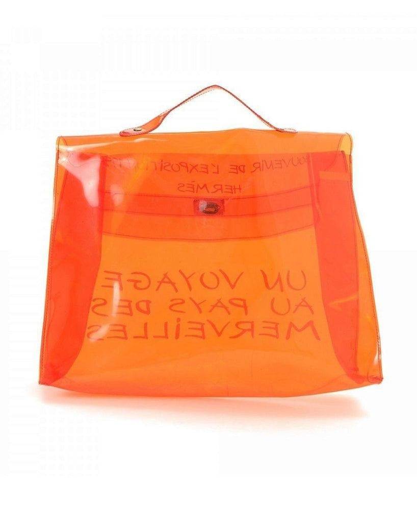 Fruit Vintage Souvenir Hermes Clear orange Kelly bag dating to 1998. Originally sold by Hermes as a very limited edition souvenir piece to celebrate the opening of a special Hermes boutique in Japan in 1998, these are highly collectable as seen on Ariana Grande and Kim Kardashian.