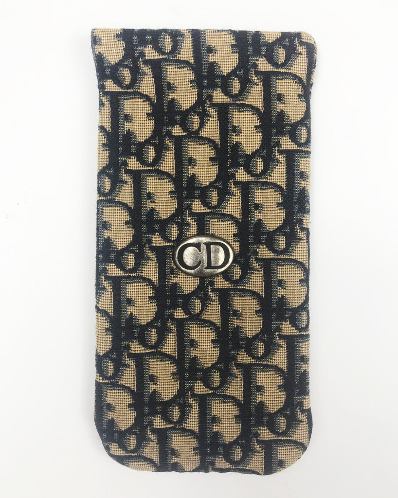 FRUIT vintage Christian Dior navy monogram logo eye mask and case set in mint/unused condition, dating to the 1980s. Features the classic Christian Dior trotter/oblique print all over and satin trim.
