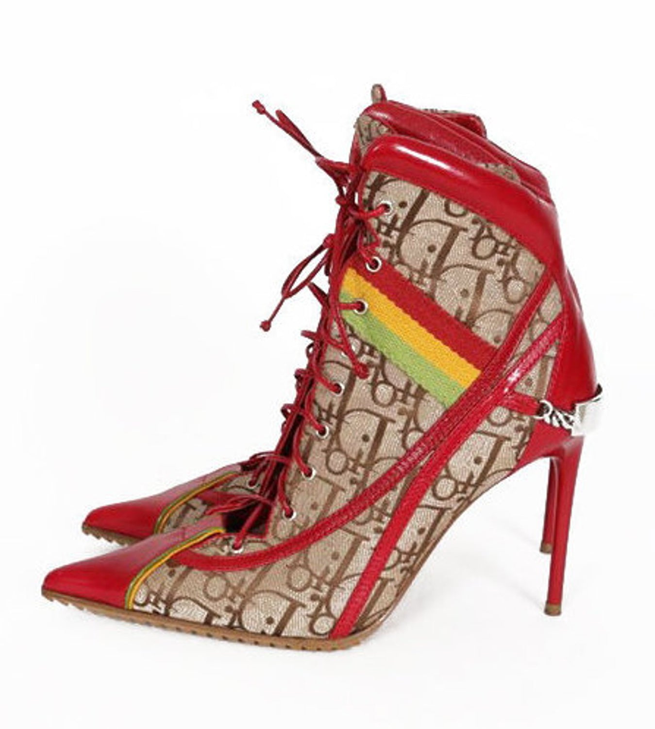 Fruit Vintage Christian Dior Rasta ankle boots, trotter monogram logo booties. Designed by John Galliano, they feature oblique logo print, lace up closure with leather laces, red leather trim and a large silver logo plate at rear.