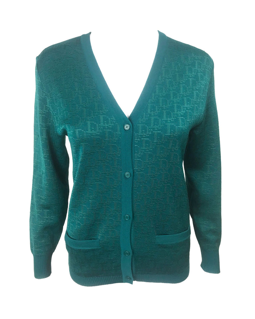 Fruit Vintage Christian Dior Christian Dior logo trotter knit cardigan in vibrant green. Features a classic cardigan cut with front pockets and button up closure.