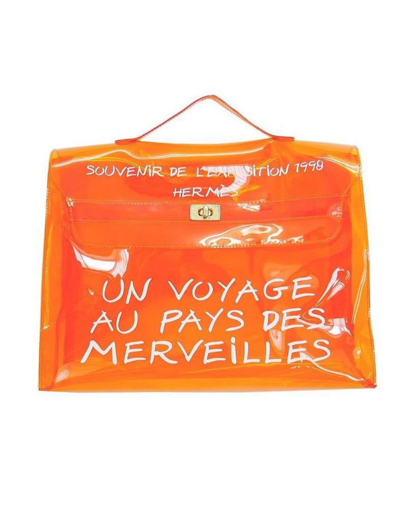 Fruit Vintage Souvenir Hermes Clear orange Kelly bag dating to 1998. Originally sold by Hermes as a very limited edition souvenir piece to celebrate the opening of a special Hermes boutique in Japan in 1998, these are highly collectable as seen on Ariana Grande and Kim Kardashian.