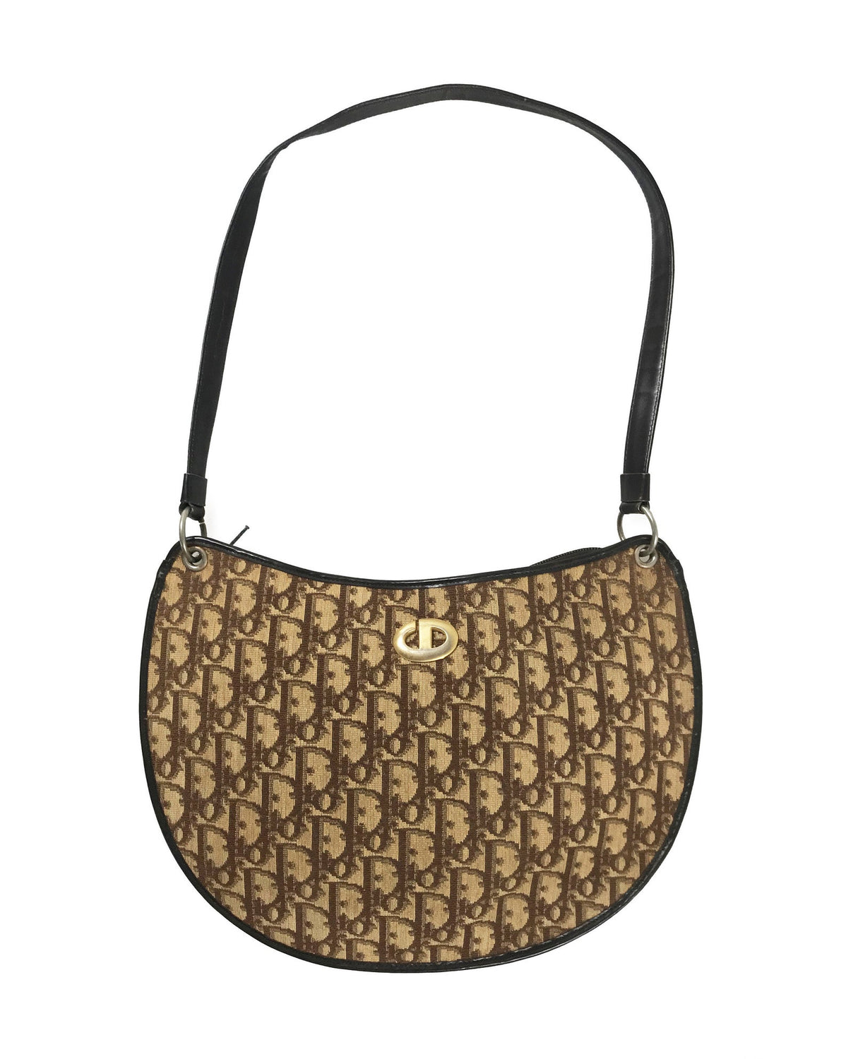 FRUIT vintage 1970s Christian Dior brown monogram canvas handbag. Features a simple 'hobo' style shape perfect for wear on the shoulder, gold CD logo at front, and simple zip top closure.