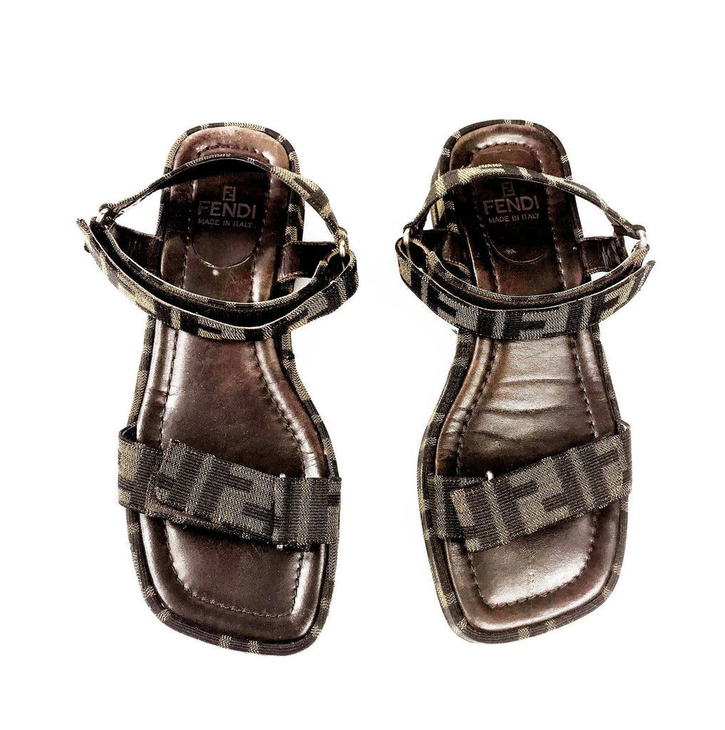 FRUIT Vintage Fendi Zucca monogram flat strap sandals dating to the 1990s, features velcro strap closure.