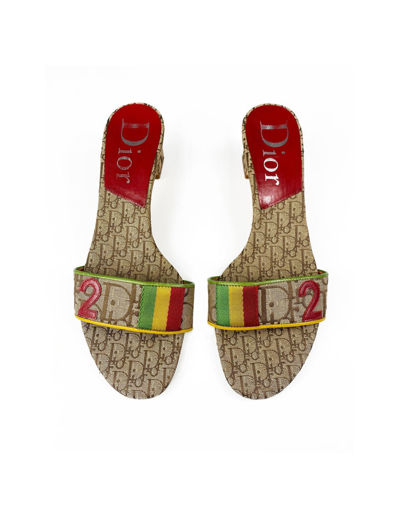 Fruit Vintage Christian Dior rasta logo kitten heel mules in monogram canvas. They feature the iconic Dior number in leather appliqué and racing stripes in cotton twill.