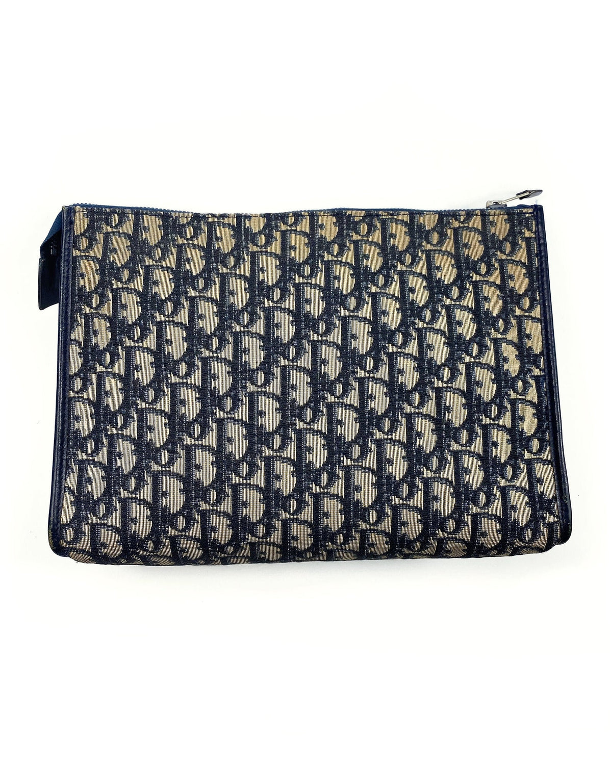 FRUIT Vintage Christian Dior 1980s navy trotter oblique monogram clutch bag. Features a classic pochette style shape with top zipper, internal pockets and vinyl lining.