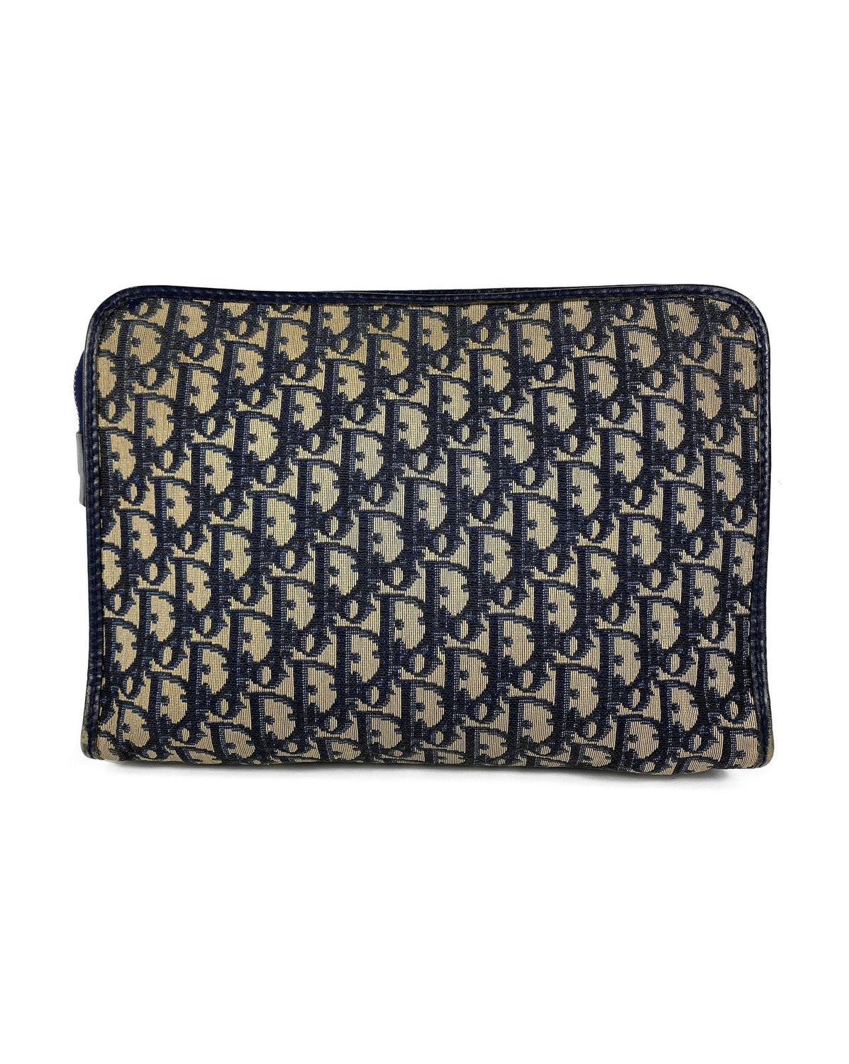 FRUIT Vintage Christian Dior 1980s navy trotter oblique monogram clutch bag. Features a classic pochette style shape with top zipper, internal pockets and vinyl lining.
