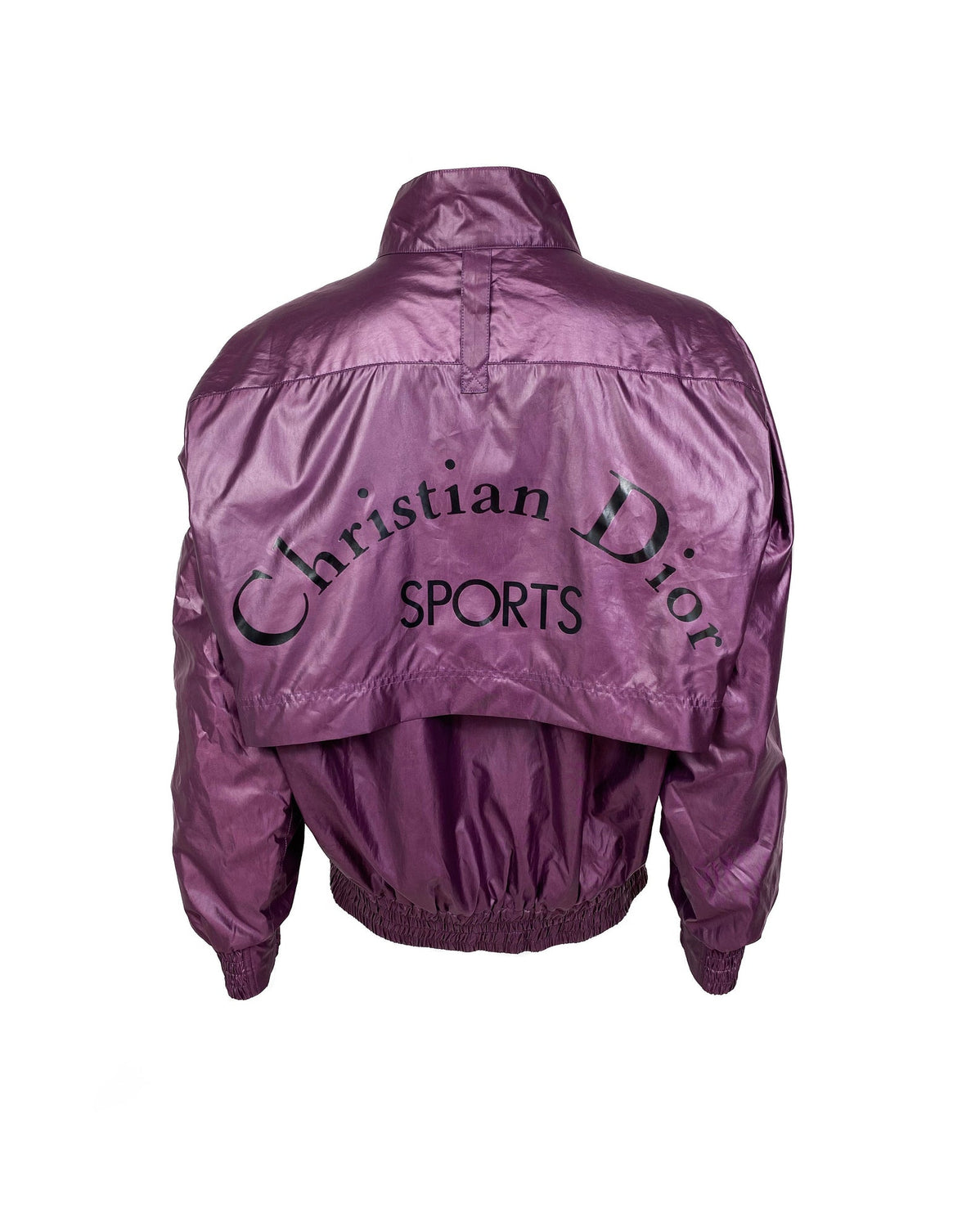 FRUIT Vintage rare Purple Christian Dior Sport Logo bomber jacket from the 1980s. It features a classic 1980s bomber jacket cut with over flap and large Christian Dior Sport text logo printed at rear.